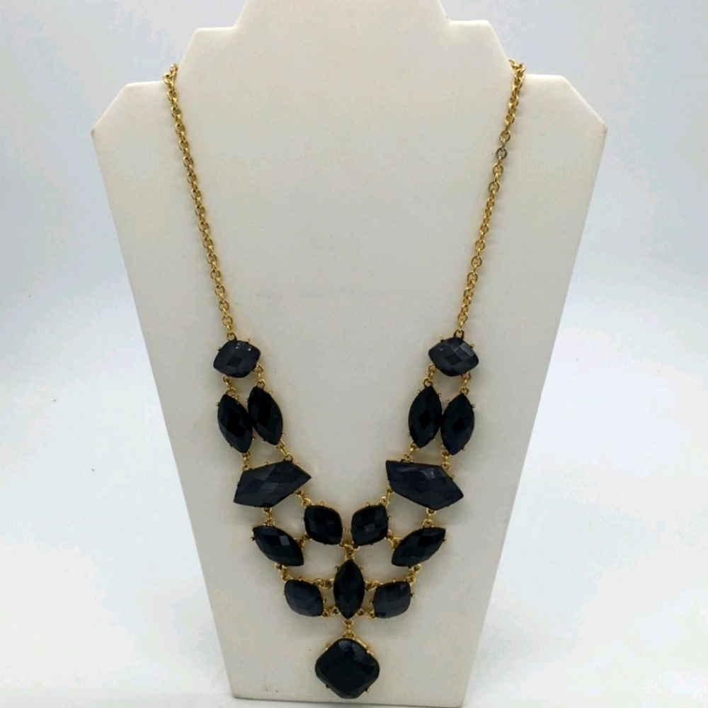 Charming Charlies Gold Tone Chain Faceted Cut Multi Strand Black Stone Necklace